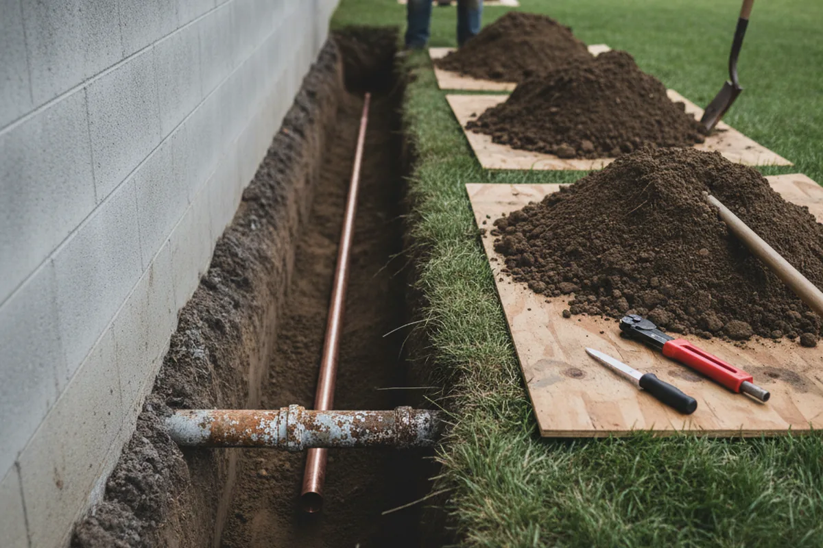 Excavated water line trench during Water Softener Installation in Hemlock